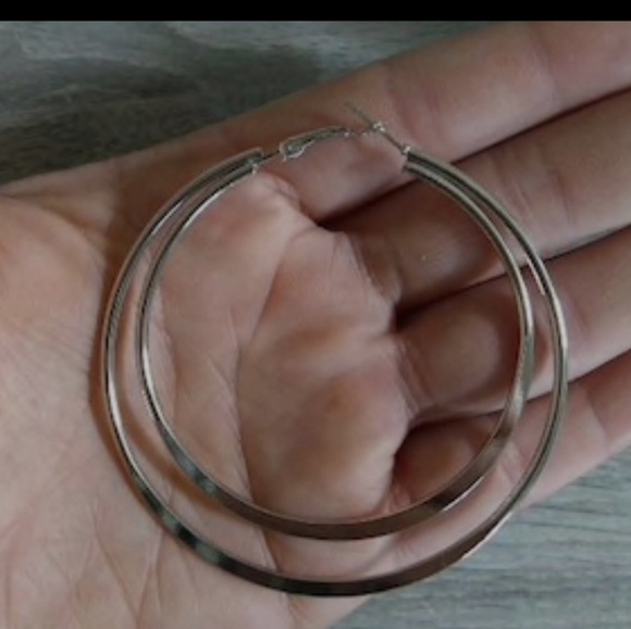 Large Sliver Double Hoop Earrings. - Picture 3 of 5